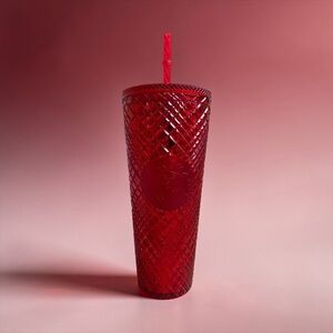 Starbucks 2021 Red Jeweled Holiday Tumbler Grid Textured Lid Straw Venti 24oz